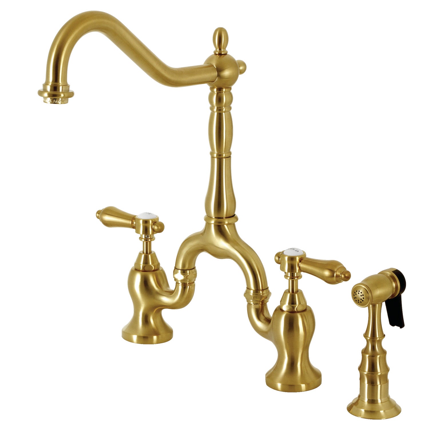Kingston Heirloom KS7757BALBS - Heirloom Two-Handle 3-Hole Deck Mount Bridge Kitchen Faucet with Brass Sprayer, Brushed Brass — image 1